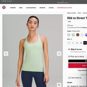 Lulu lemon, racer top, creamy mint, size 10